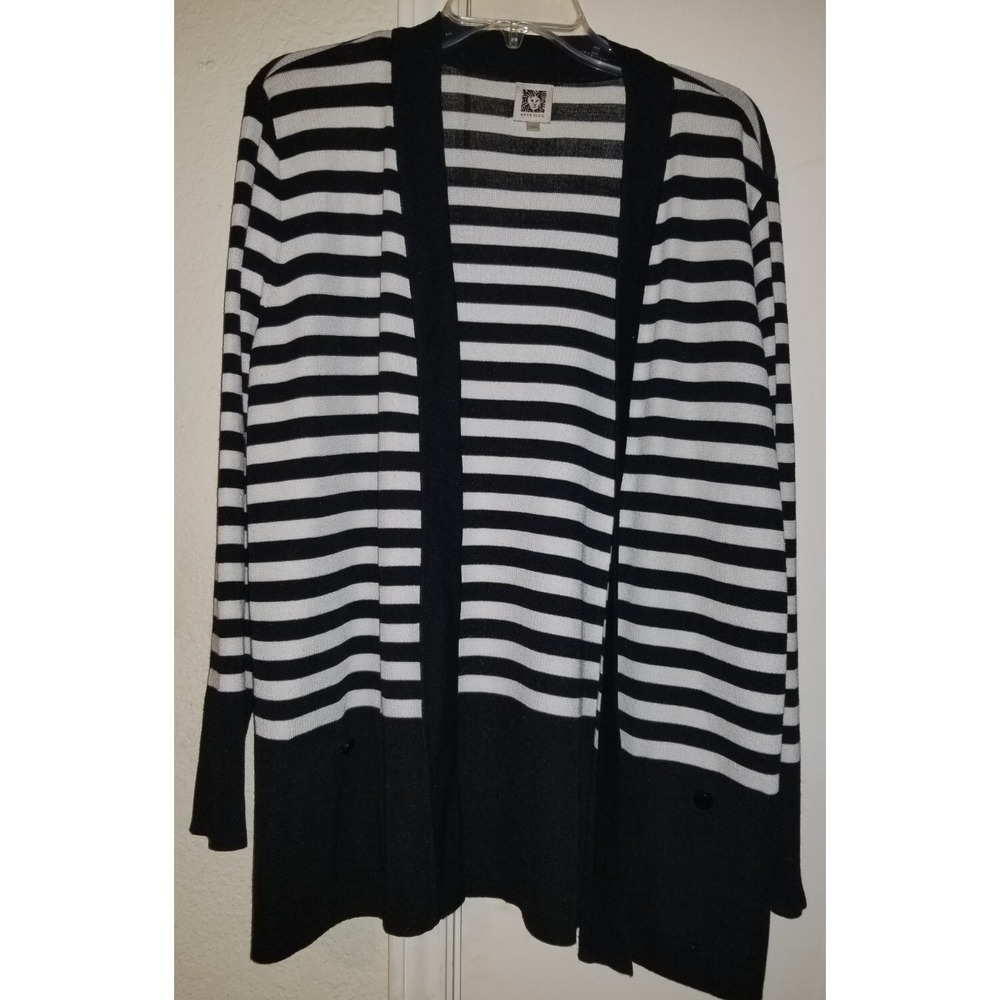ANNE KLEIN Open Cardigan Jacket Black White Striped "Malibu" Pockets Women's Lg